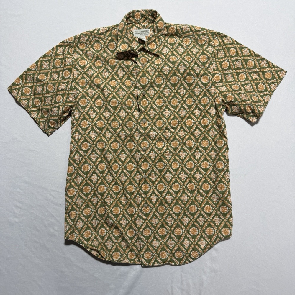 Vintage Banana Republic Safari Travel Botanical Print Shirt XS 80s Green Cotton